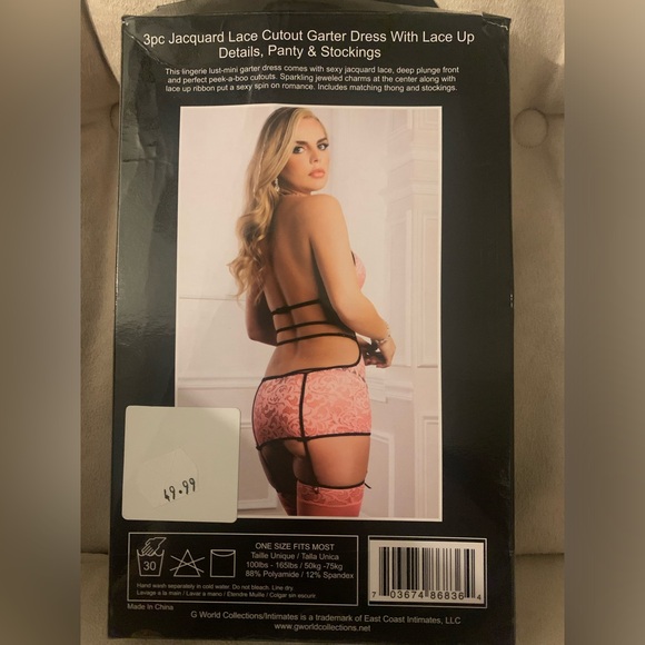 G World Intimates 3pc pink and black garter dress with thigh highs and panties - Picture 2 of 5